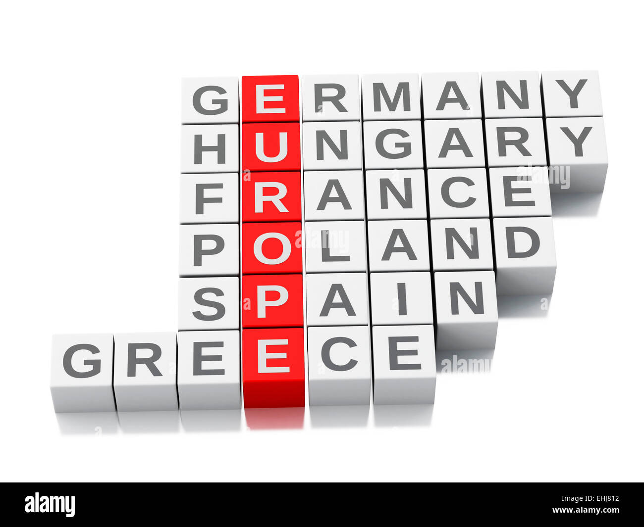 Pays europe 3d concept. Mots croisés avec des lettres. Isolé sur fond blanc Banque D'Images