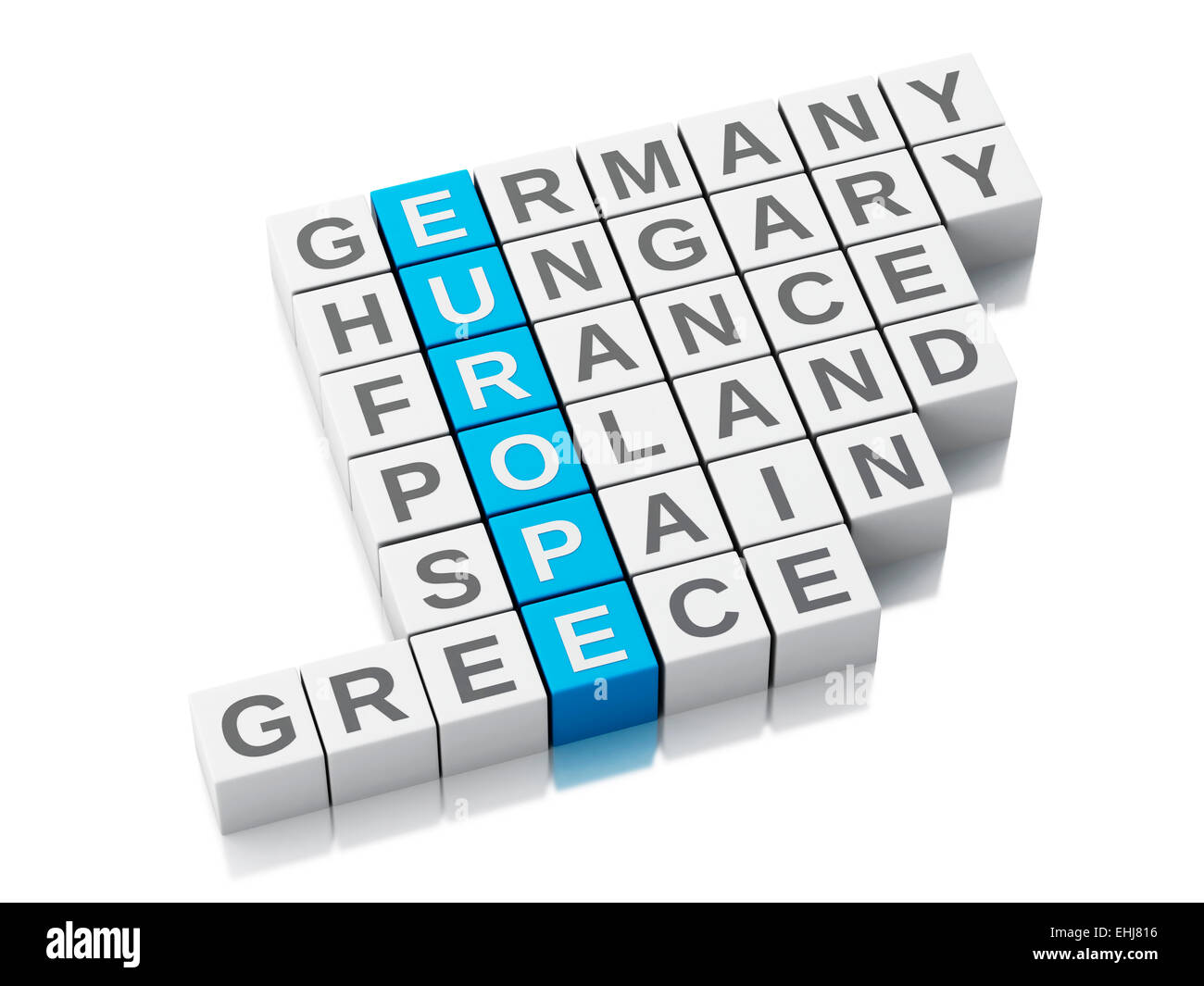 Pays europe 3d concept. Mots croisés avec des lettres. Isolé sur fond blanc Banque D'Images