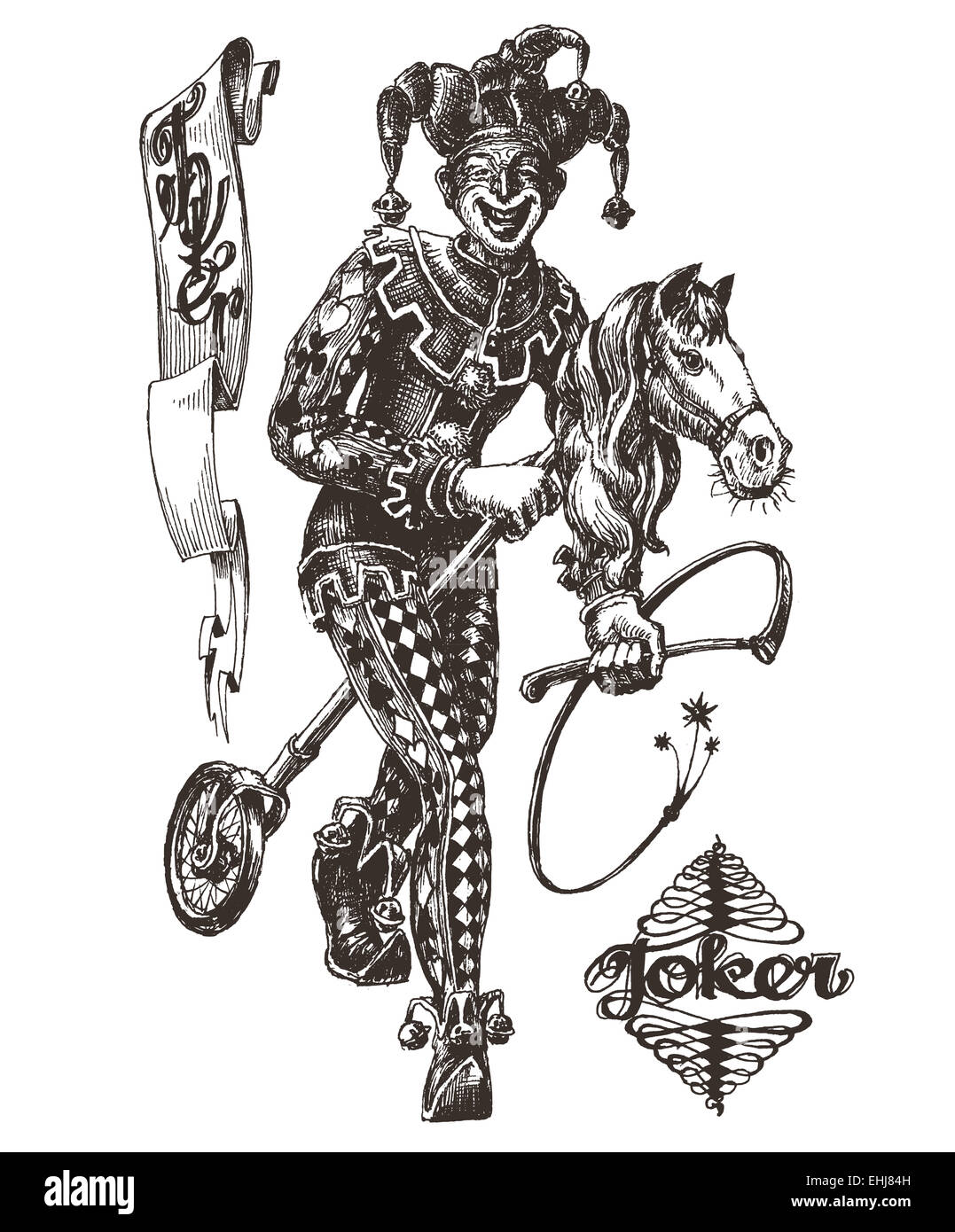 Clown, cirque, à l'état sauvage sur un fond blanc. croquis Banque D'Images