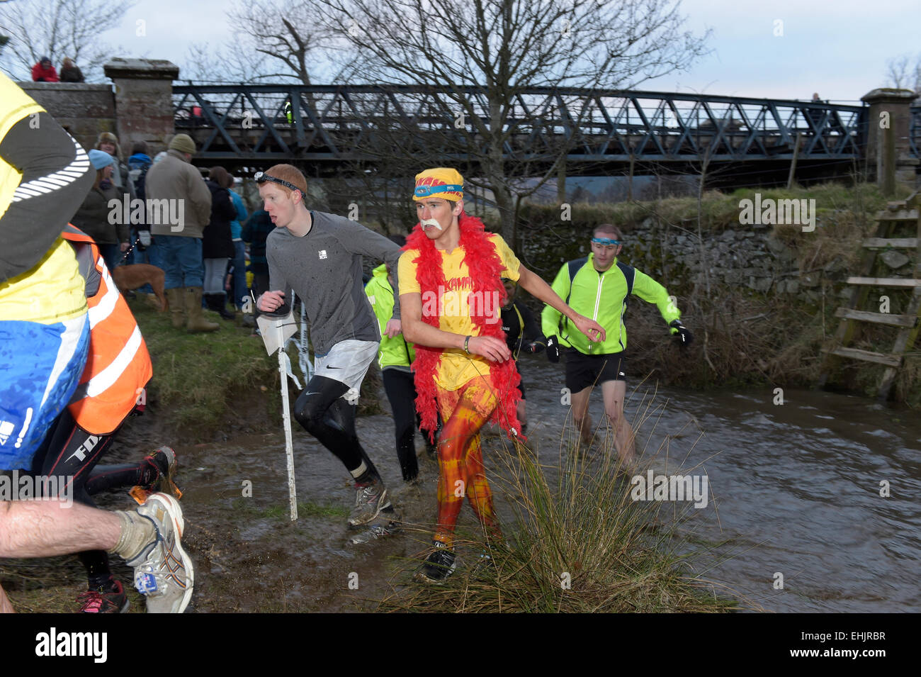 14.mars.2015. Rivière Tweed, Innerleithen, UK. Le puissant Deerstalker 10 K Event Making a splash, concurrents, au premier obstacle, une courte river run environ 1km dans la course. (Photo : Rob Gray ) Banque D'Images