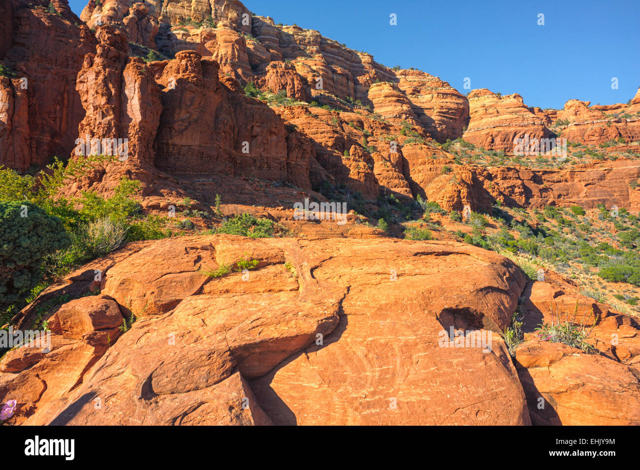 Red Rock coloré buttes rochers tourné par le soleil orange Arizona Sedona près de chapelle de la Sainte Croix. Sud-ouest américain Banque D'Images