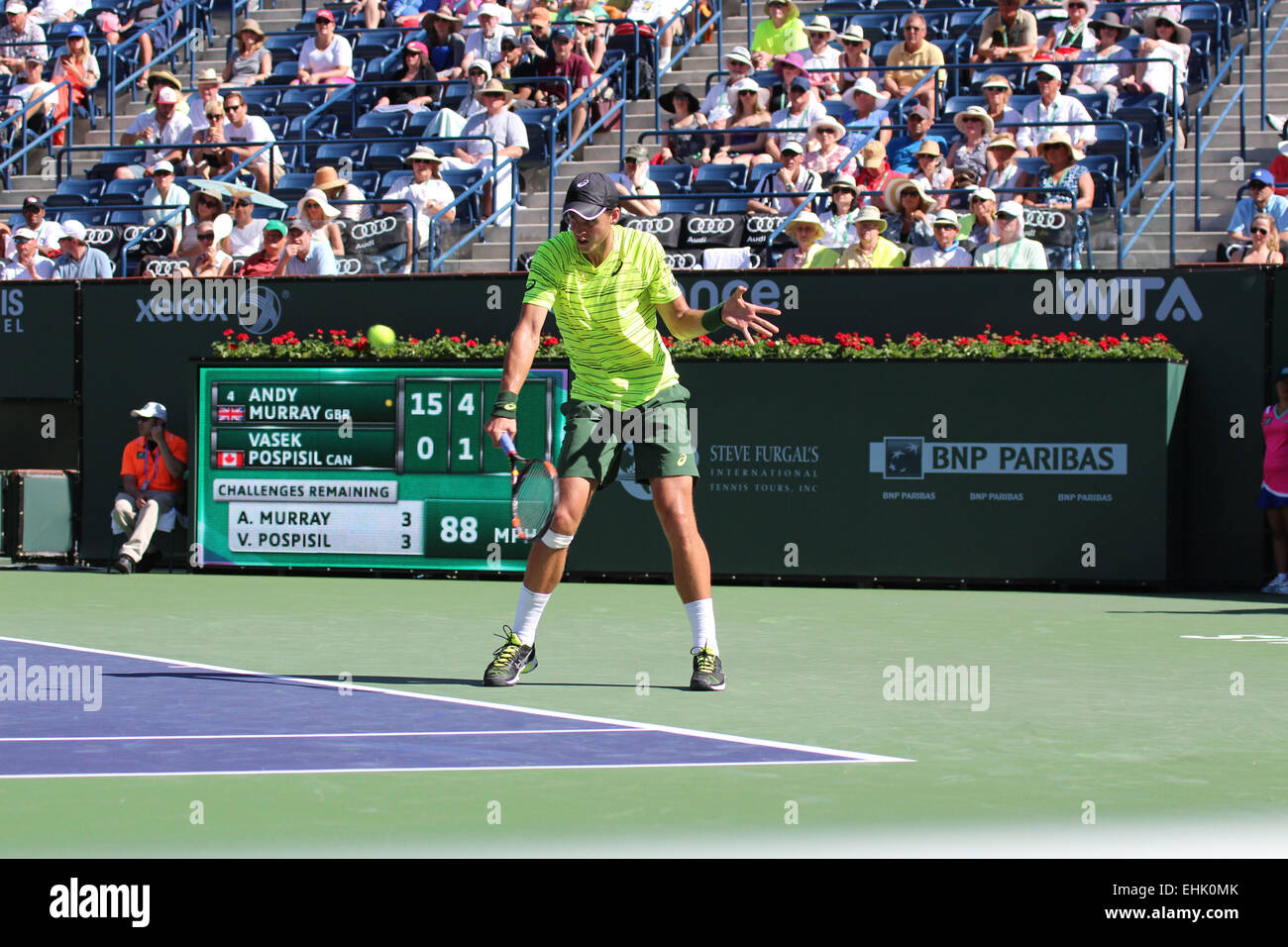 Indian Wells, le 14 mars 2015, joueur de tennis britannique Andy Murray bat Vasek Pospisil du Canada dans le Simple Messieurs 2ème série (score 6-1 6-3). Crédit photo : Vasek Pospisil : Werner - Photos/Alamy Live News Banque D'Images