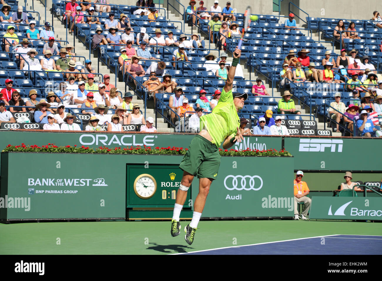 Indian Wells, le 14 mars 2015, joueur de tennis britannique Andy Murray bat Vasek Pospisil du Canada dans le Simple Messieurs 2ème série (score 6-1 6-3). Crédit photo : Vasek Pospisil : Lisa Werner/Alamy Live News Banque D'Images