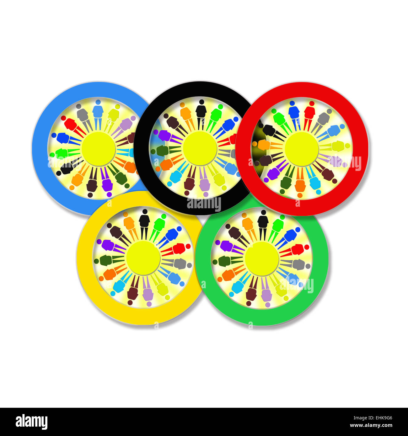 Anneaux olympiques multicolore avec peu d'hommes isolé sur fond blanc Banque D'Images