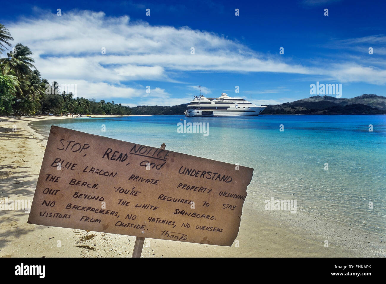 Blue Lagoon cruises plage privée panneau d'avertissement. Nanuya LaiLai. Yasawa Islands. Les Fidji Banque D'Images