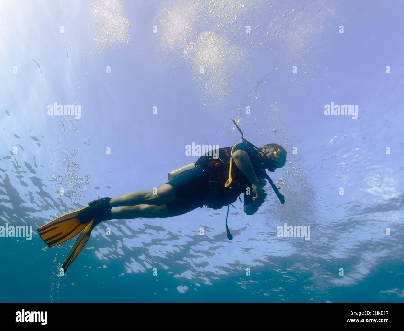 Scuba Diver près de surface de l'eau avec palmes jaune Banque D'Images