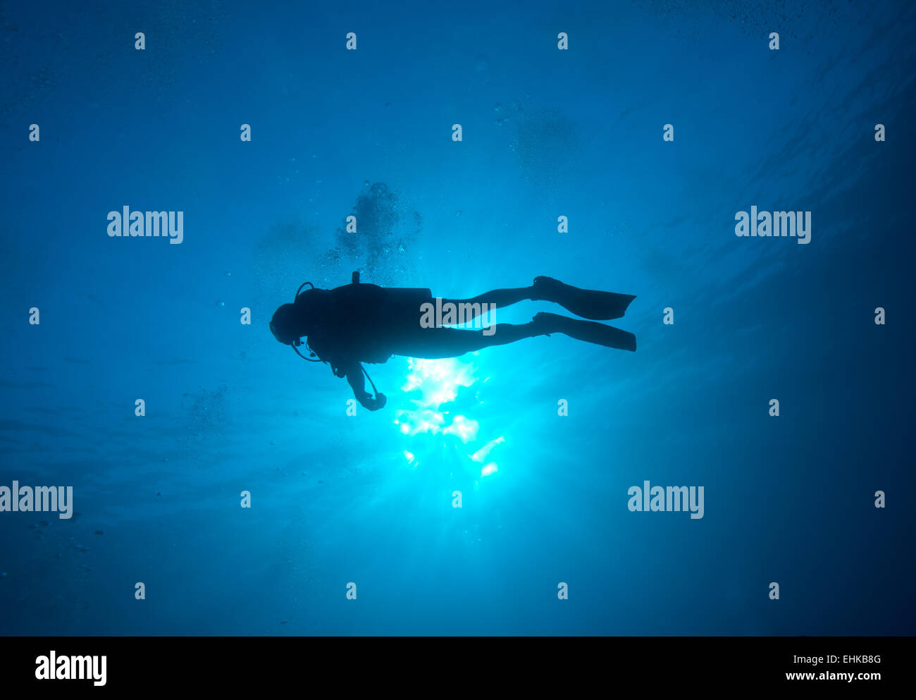Silhouette de plongeur avec disque solaire derrière Banque D'Images