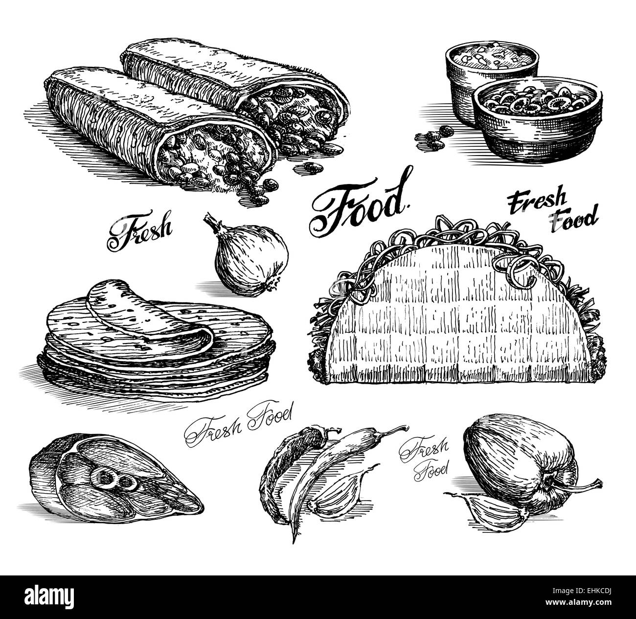 Restauration rapide. burritos et tacos sur fond blanc. croquis Banque D'Images