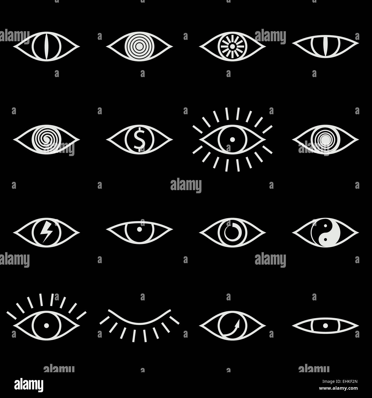 Ensemble de divers icônes Œil sur fond noir Banque D'Images