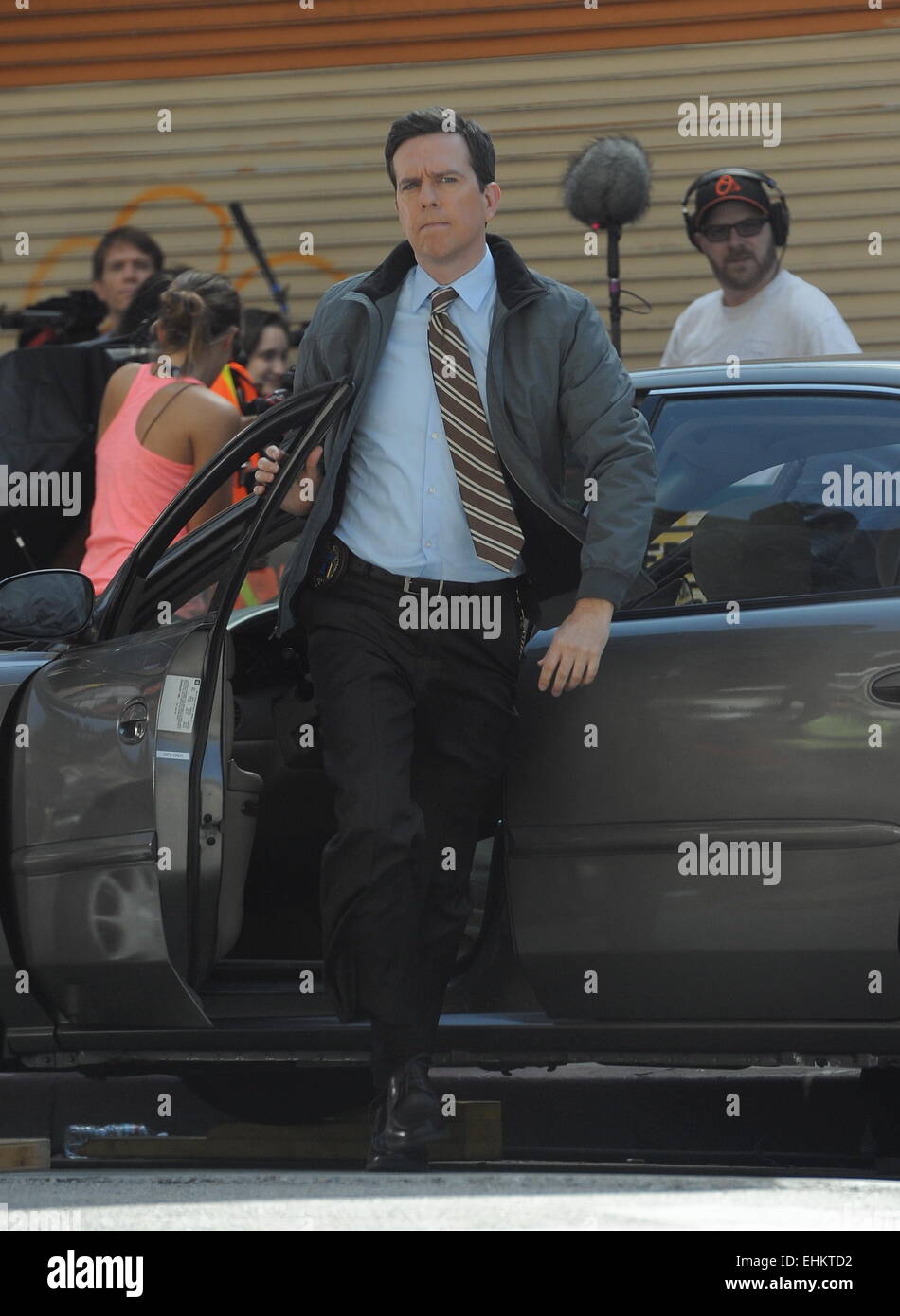 Andy Samberg tournage 'Brooklyn' avec neuf neuf neuf dans le centre-ville de Los Angeles avec : Ed Helms Où : Los Angeles, California, United States Quand : 10 mai 2014 Banque D'Images