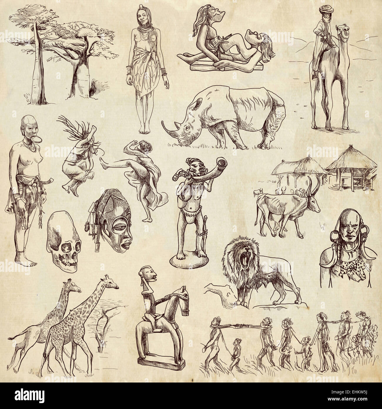 Série de voyages : AFRIQUE CENTRALE - Collection d'un hand drawn illustrations. Description : Grand hand drawn illustrations, ori Banque D'Images
