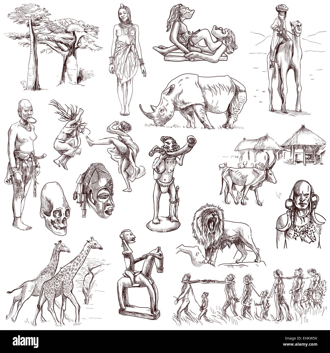 Série de voyages : AFRIQUE CENTRALE - Collection d'un hand drawn illustrations. Description : Grand hand drawn illustrations, ori Banque D'Images