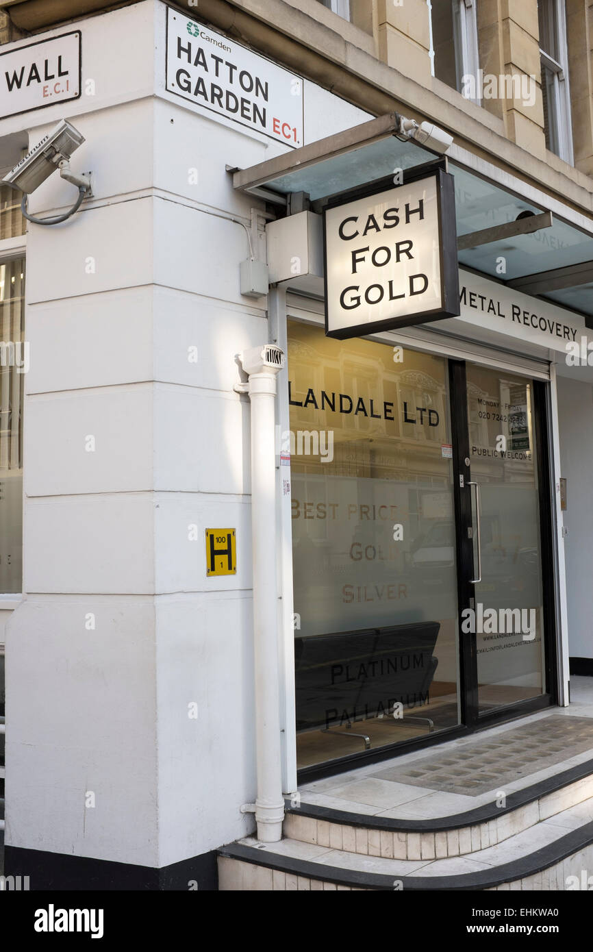 Paiement pour l'or signer l'extérieur de l'atelier, Hatton Garden, Londres Banque D'Images