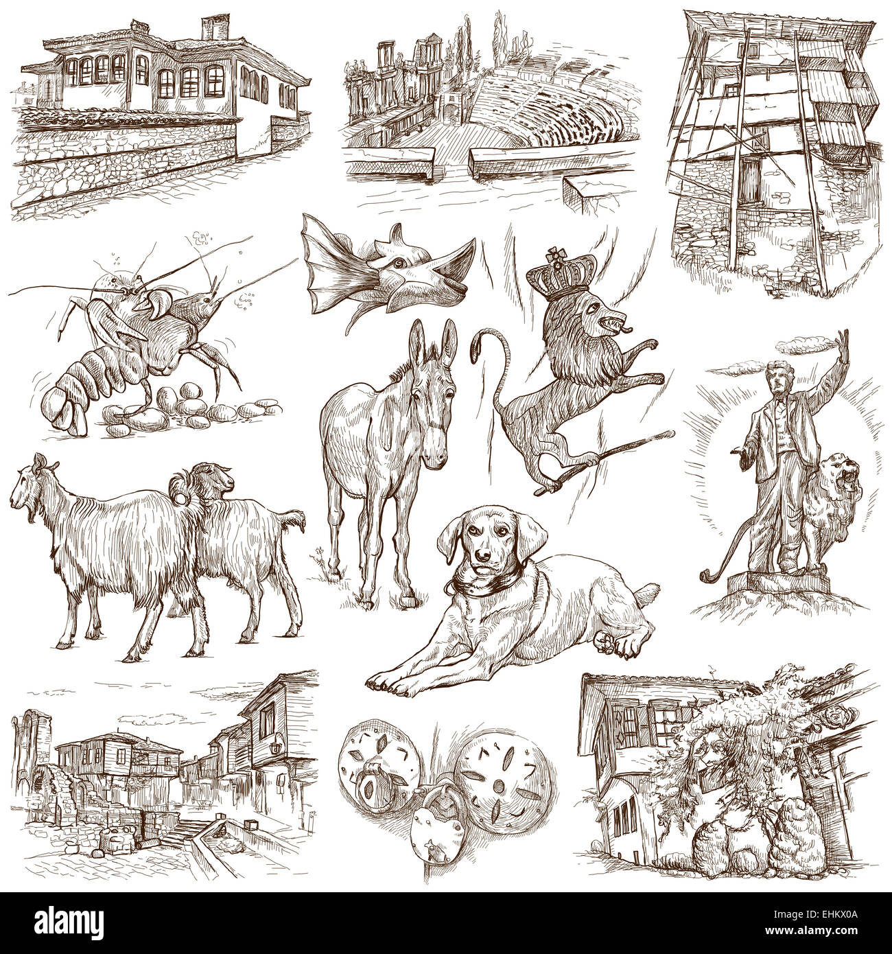 Billet série : Bulgarie - Collection d'un hand drawn illustrations. Description : Grand hand drawn illustrations, original Banque D'Images