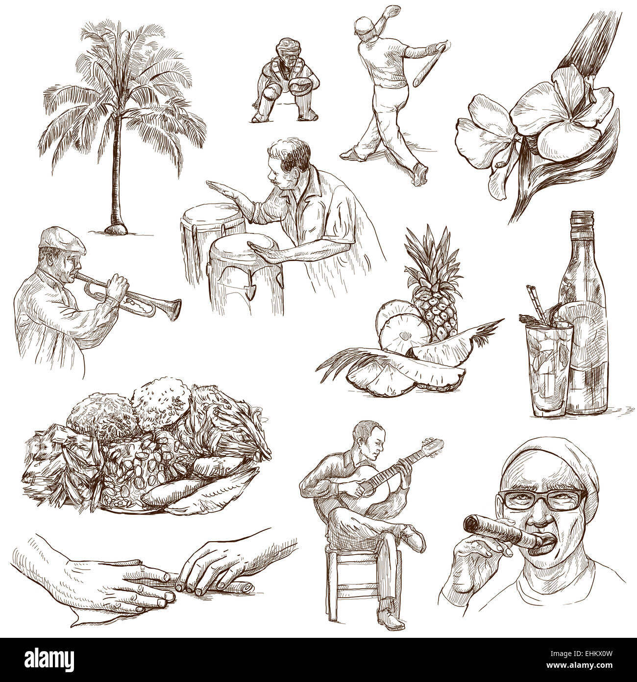 Billet série : Cuba - Collection d'un hand drawn illustrations. Description : main entière, original illustrations faites gratuitement Banque D'Images