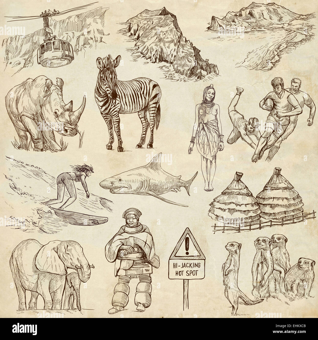 Série de voyages : AFRIQUE DU SUD - une collection d'illustrations faites à la main. Description : Grand hand drawn illustrations, originaux Banque D'Images