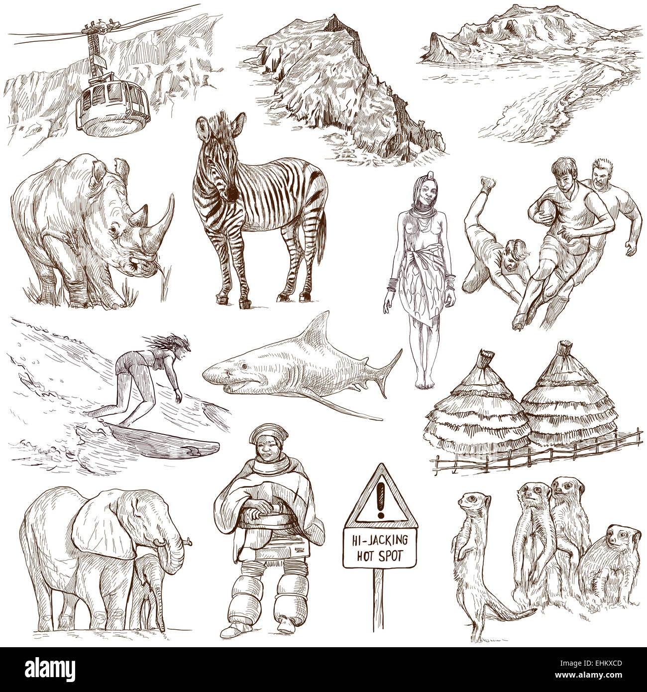 Série de voyages : AFRIQUE DU SUD - une collection d'illustrations faites à la main. Description : Grand hand drawn illustrations, originaux Banque D'Images