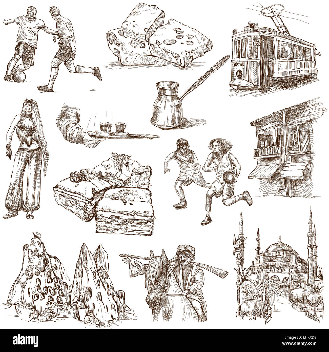 Série Voyage : Turquie - Collection d'un hand drawn illustrations. Description : Grand hand drawn illustrations originales, fr Banque D'Images