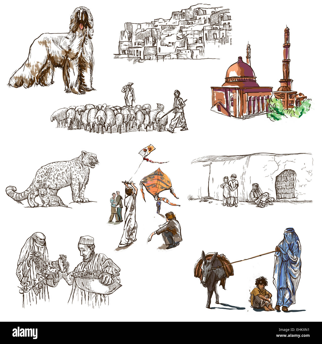Voyager série : AFGHANISTAN - Collection (no3) d'une part, dessiné des illustrations. Description : Grand hand drawn illustratio Banque D'Images