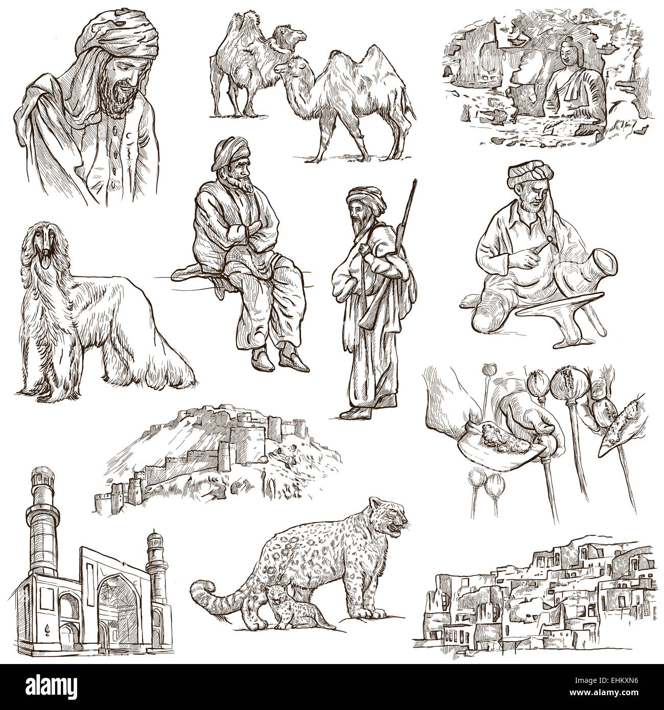 Voyager série : AFGHANISTAN - Collection (no1) d'une part, dessiné des illustrations. Description : Grand hand drawn illustratio Banque D'Images