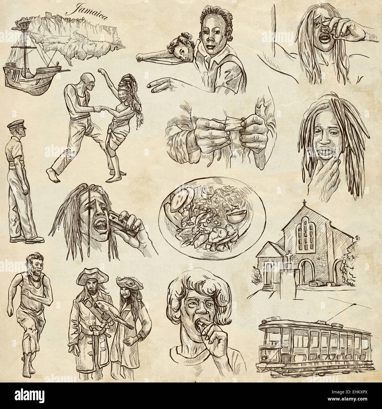 Billet série : JAMAÏQUE - Collection (no3) d'une part, dessiné des illustrations. Banque D'Images