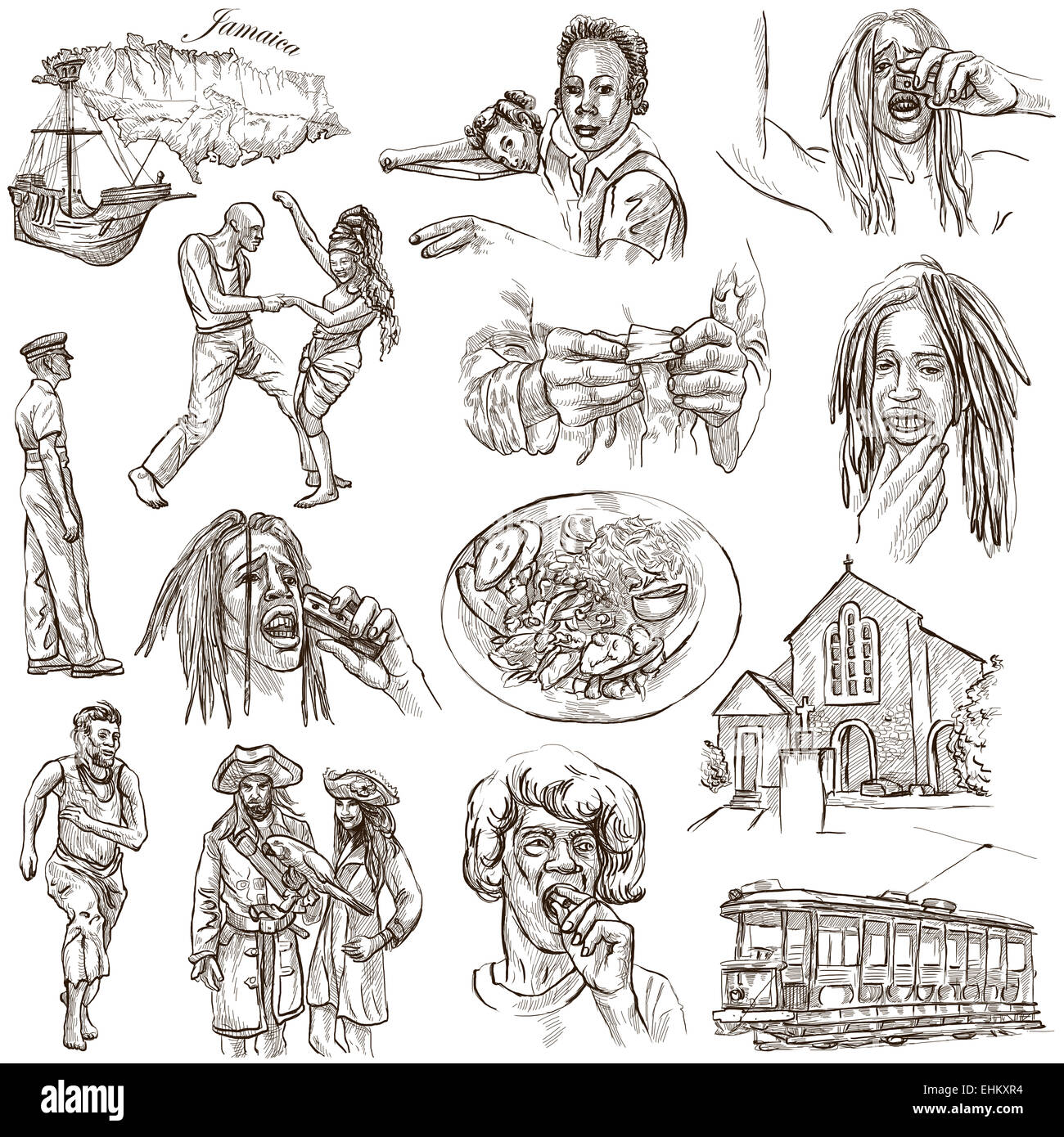 Billet série : JAMAÏQUE - Collection (no3) d'une part, dessiné des illustrations. Banque D'Images