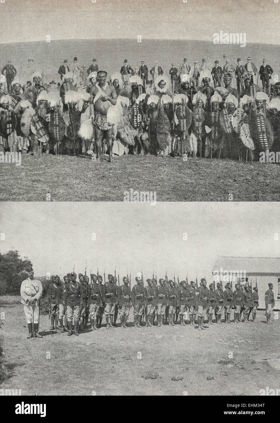 Zulu Warriors - 'civilisé' et non civilisés - deux photos de guerriers zoulous, le fond étant formés par les Britanniques, vers 1895 Banque D'Images