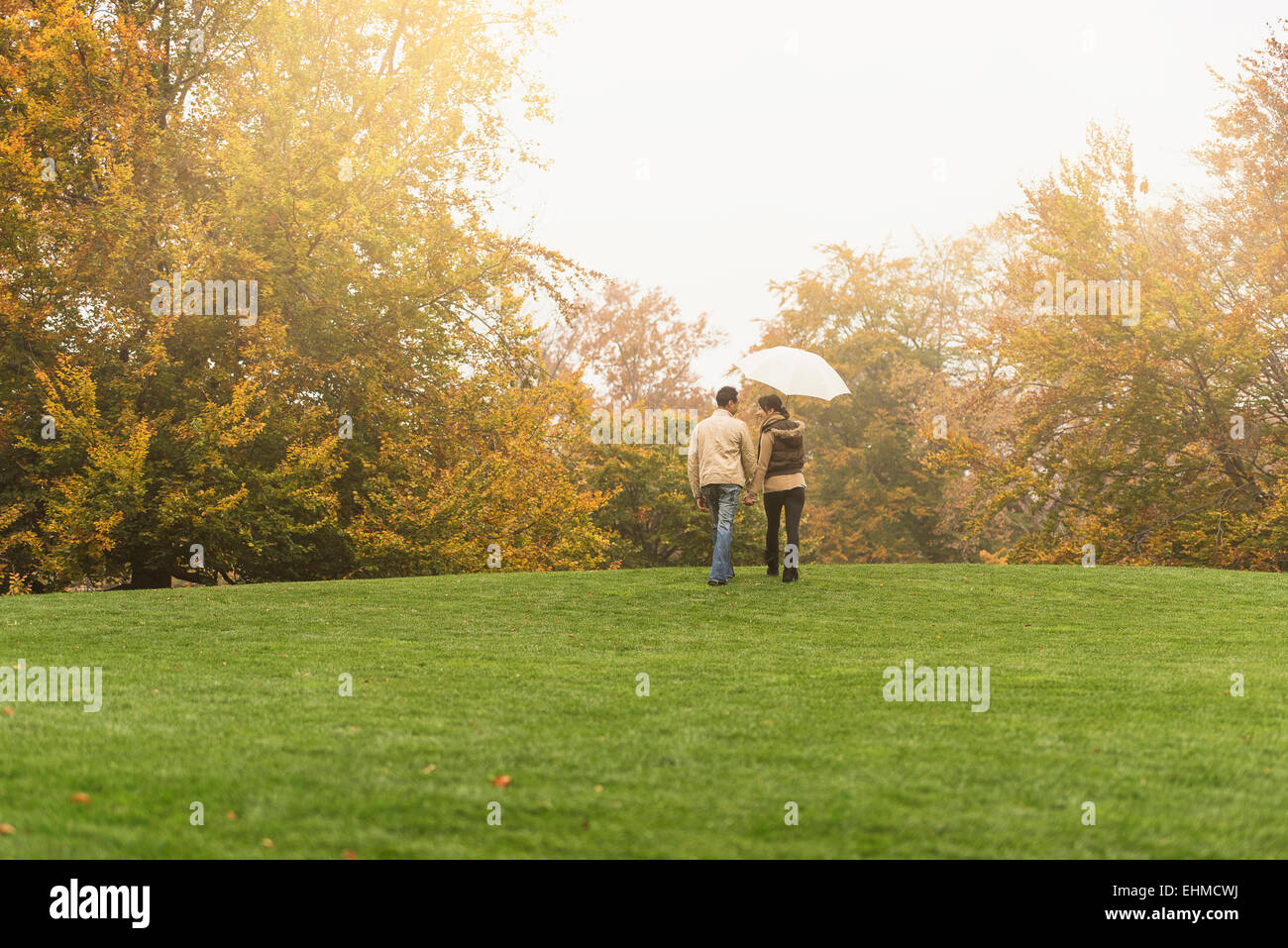 Couple walking with umbrella in park Banque D'Images