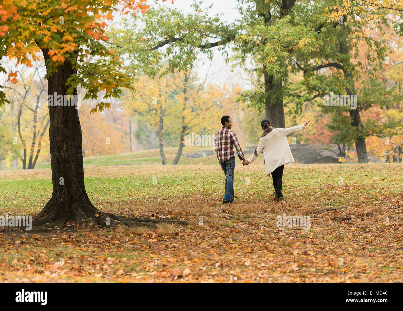 Couple holding hands and walking in park Banque D'Images