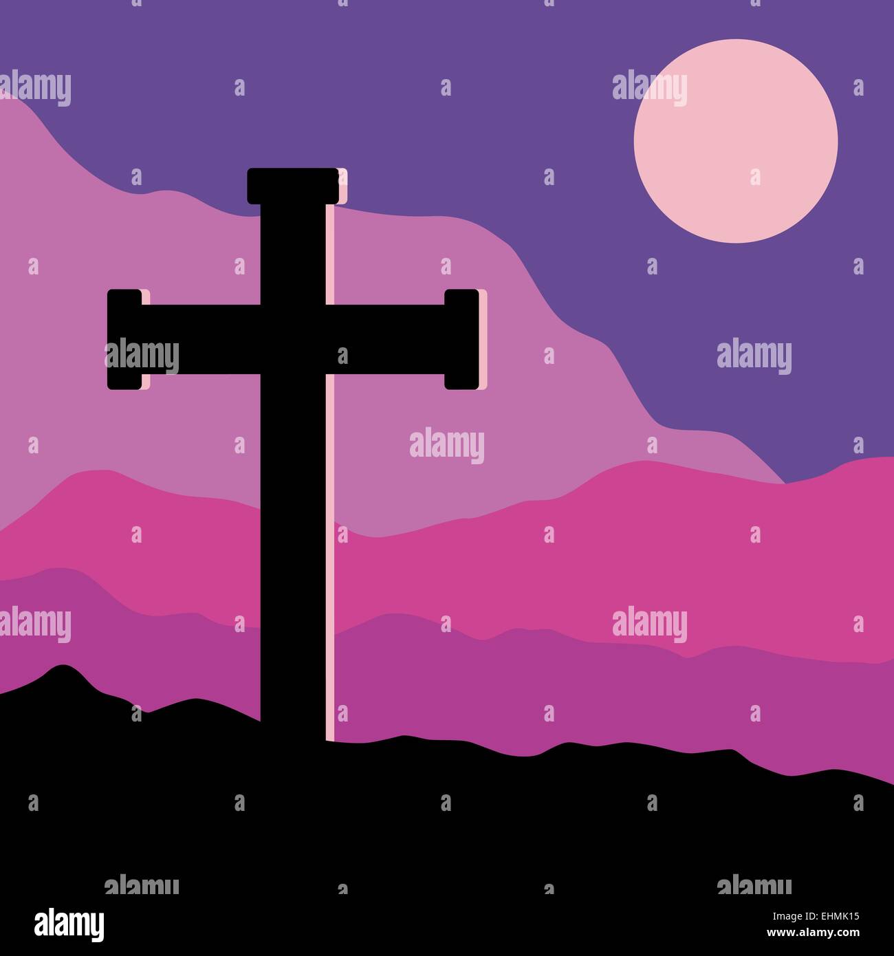 Une vue symbolique du crucifix sur le Golgotha montagnes avec la lune dans le ciel Illustration de Vecteur