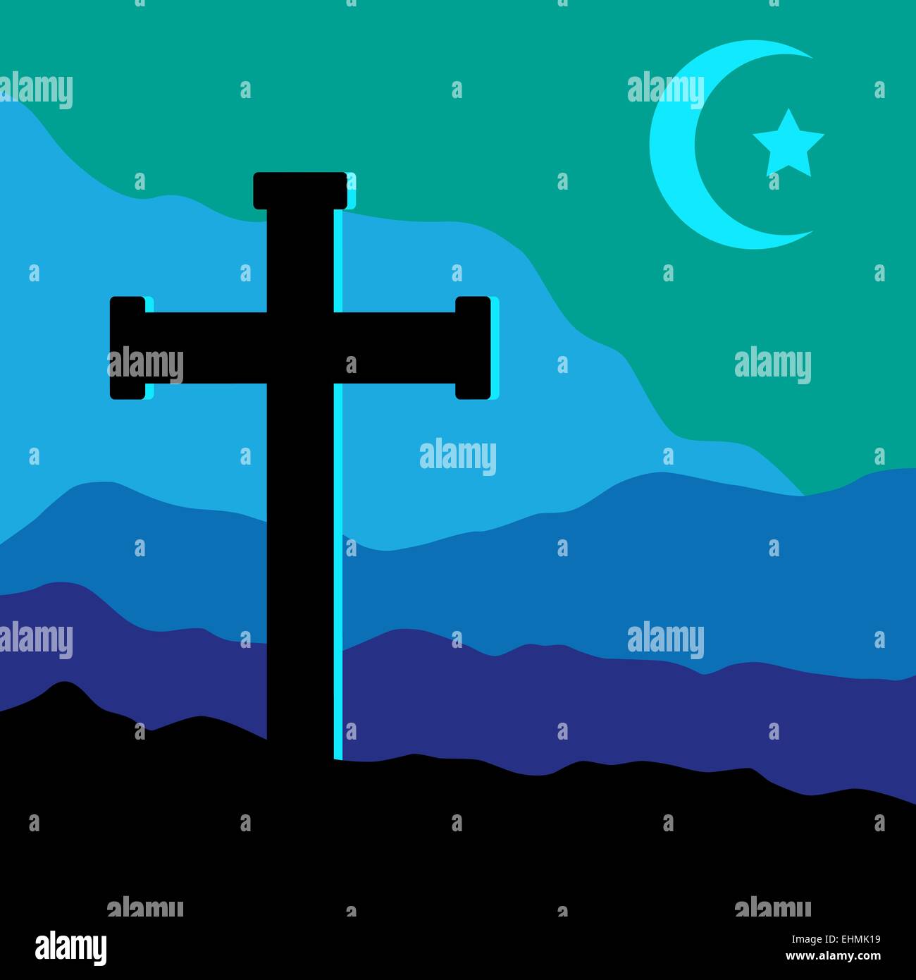 Une vue symbolique du crucifix sur le Golgotha montagnes avec le croissant de lune et une étoile dans le ciel comme chrétienne et musulmane Illustration de Vecteur