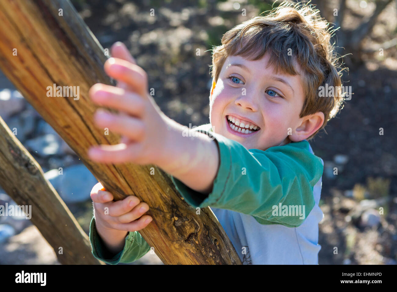 Portrait of boy reaching for tree branch Banque D'Images