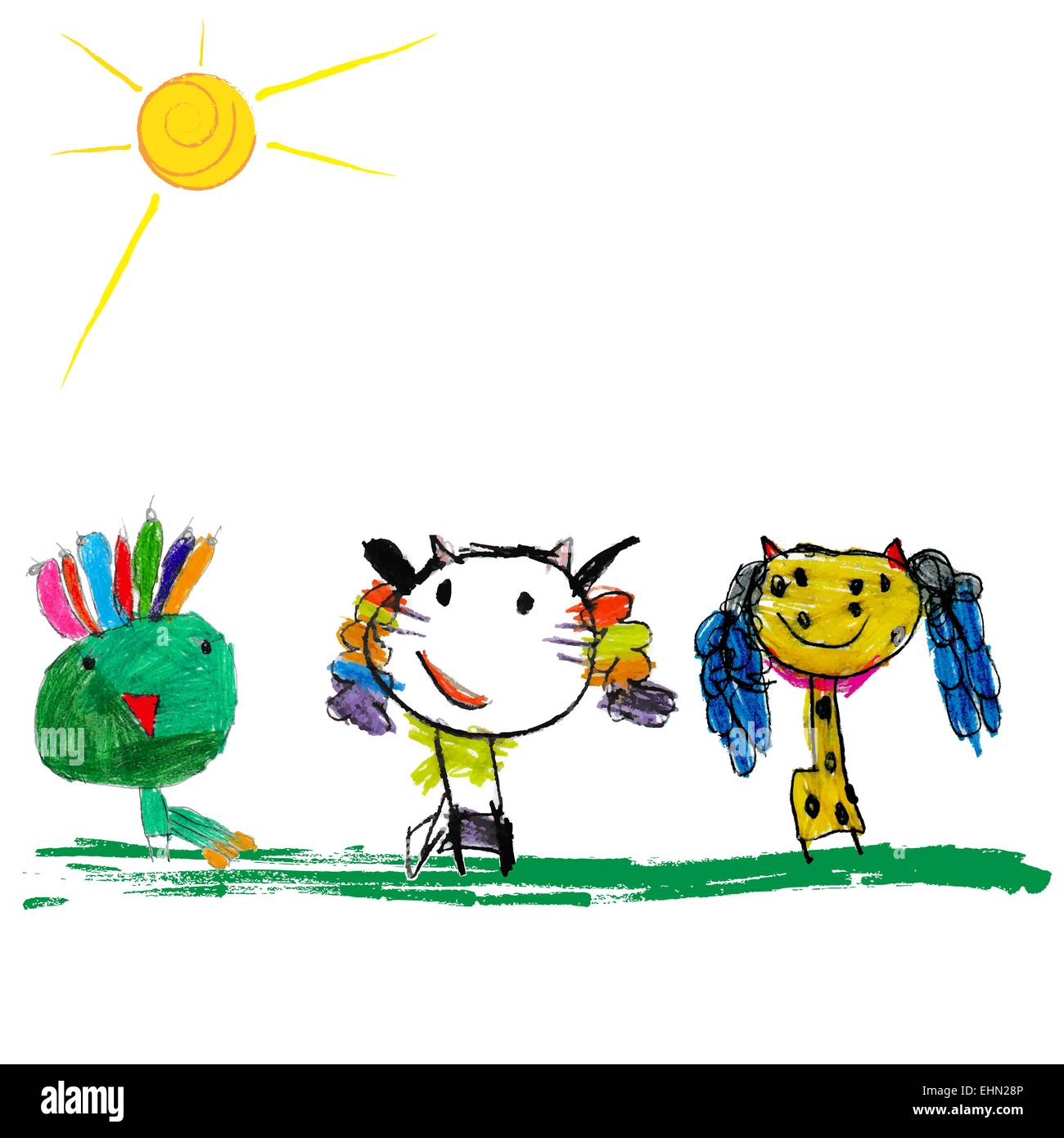 Enfants colorée de l'illustration d'un abstract cat, Peacock et girafe Illustration de Vecteur