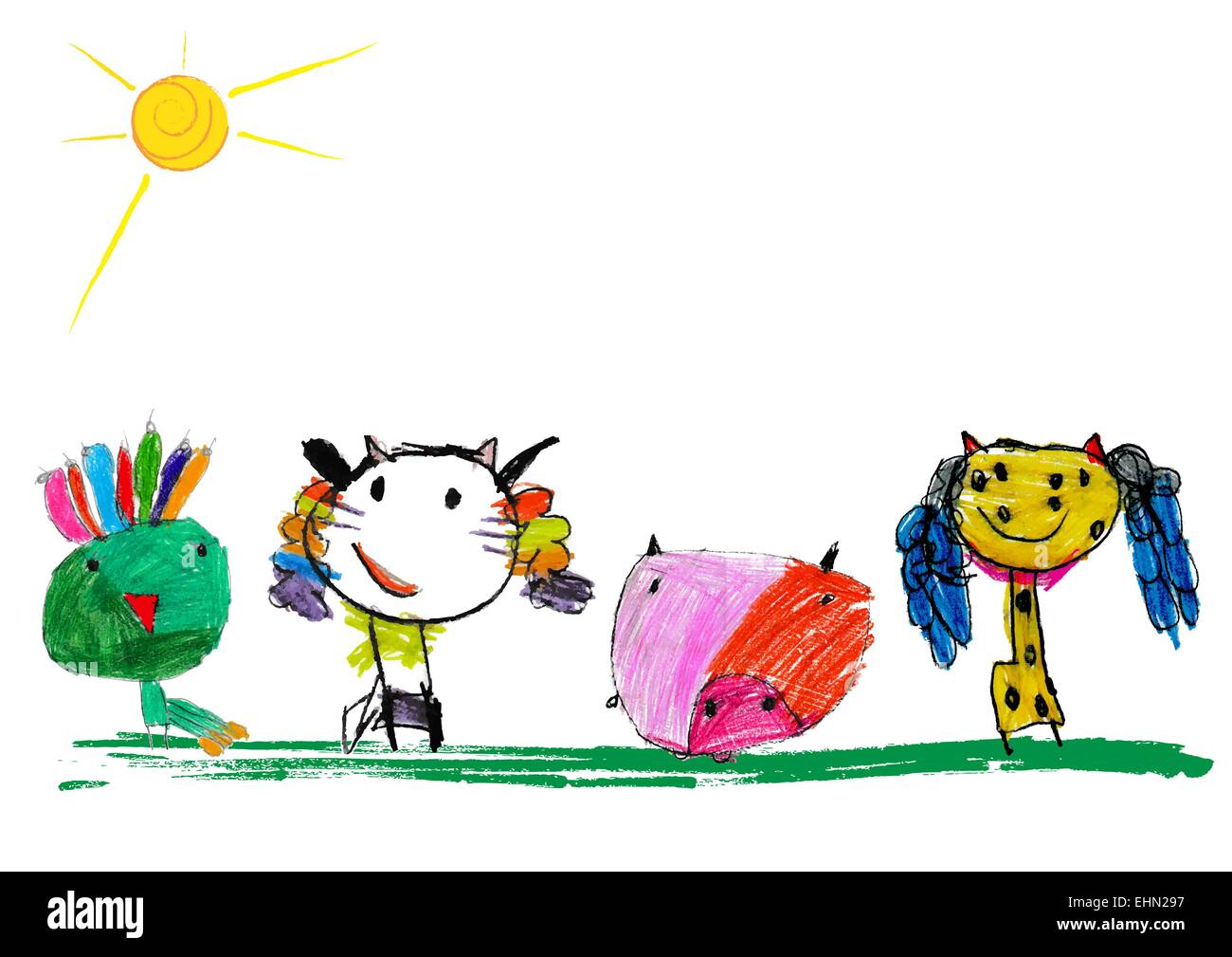 Enfants colorée de l'illustration d'un abstract cat, cochon, Peacock et girafe Illustration de Vecteur