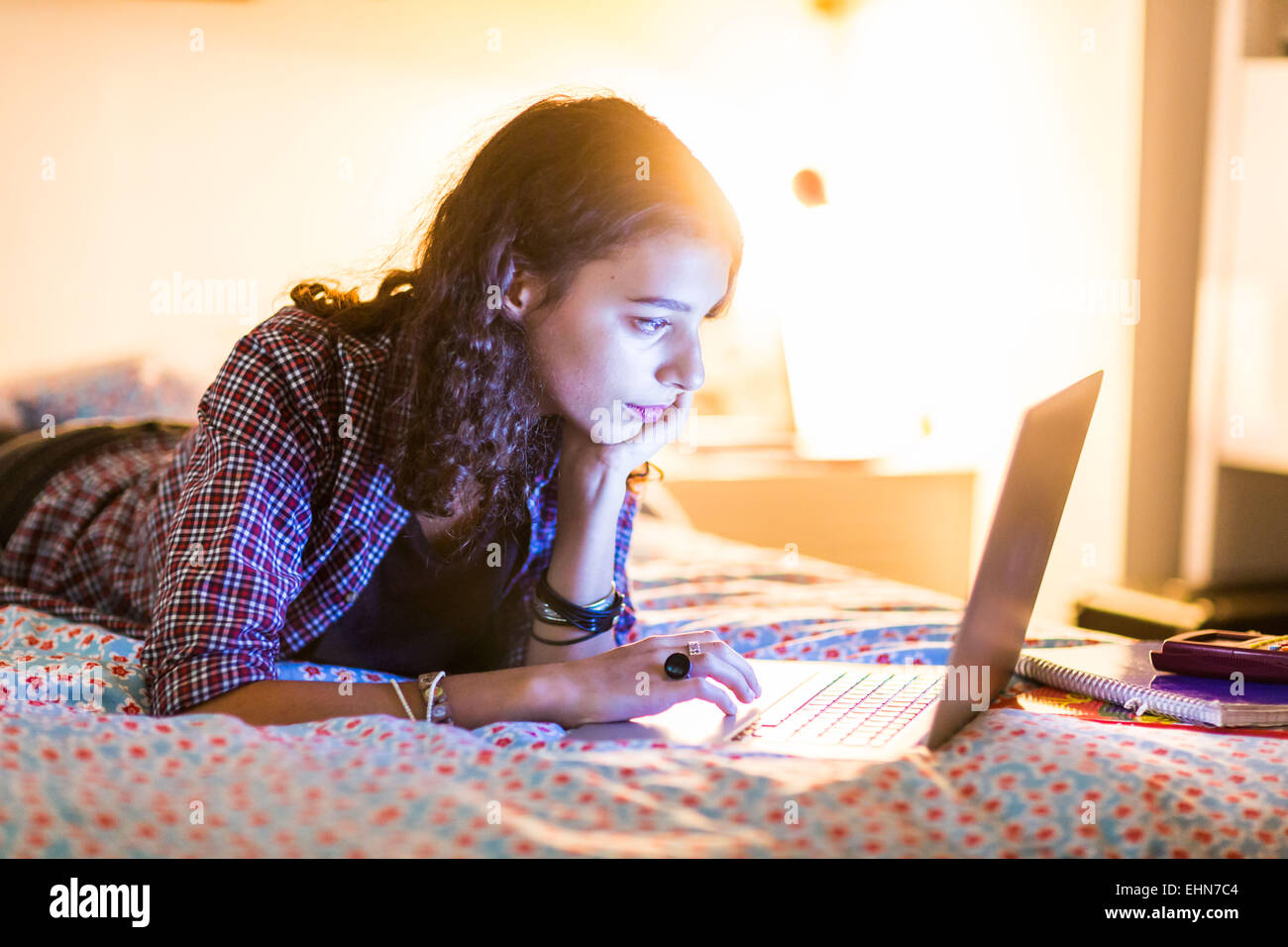 Teenage girl using a laptop computer. Banque D'Images