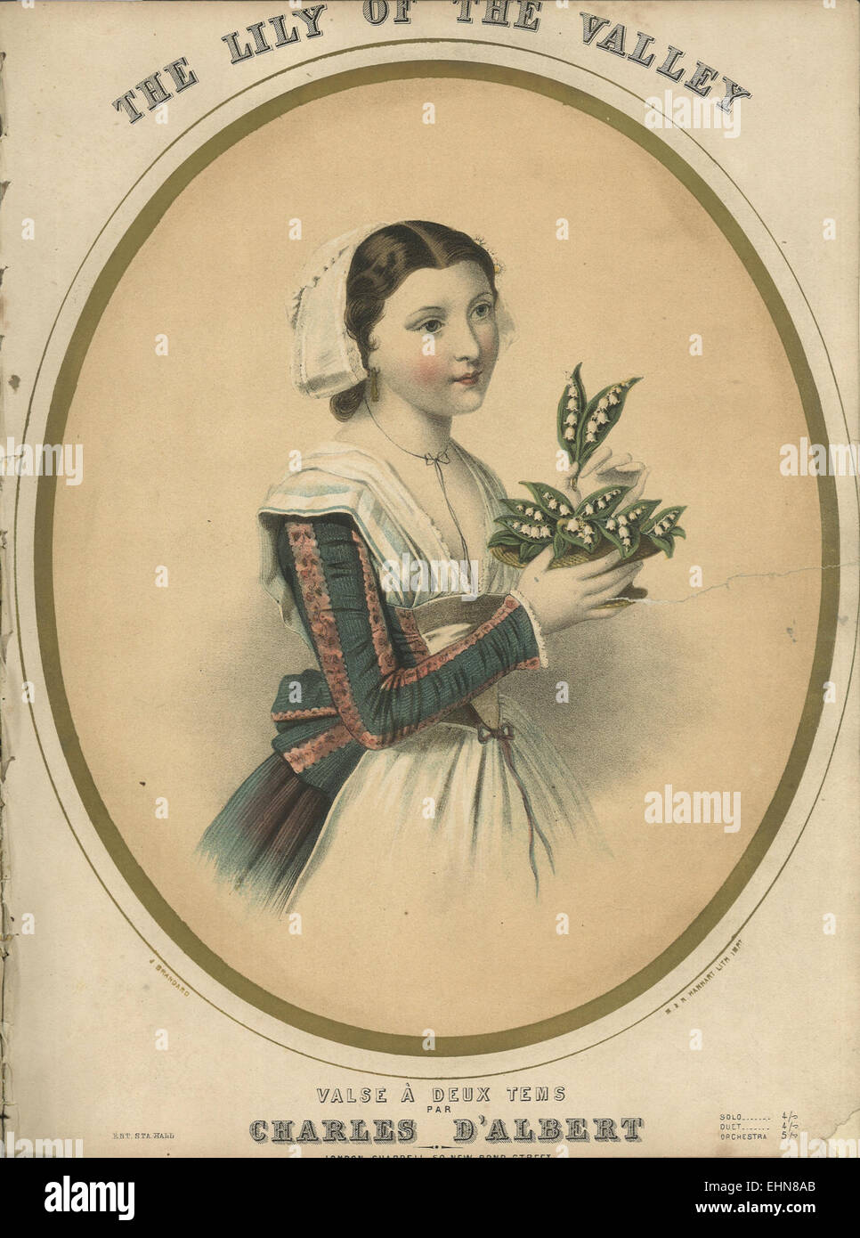 Cette œuvre d'art vintage intitulée 'Lily of the Valley Valse a deux temps' est une représentation du mouvement gracieux et de l'élégance d'une valse, inspirée par la beauté délicate des fleurs de lys. La pièce capture probablement un thème romantique ou symbolique. Banque D'Images