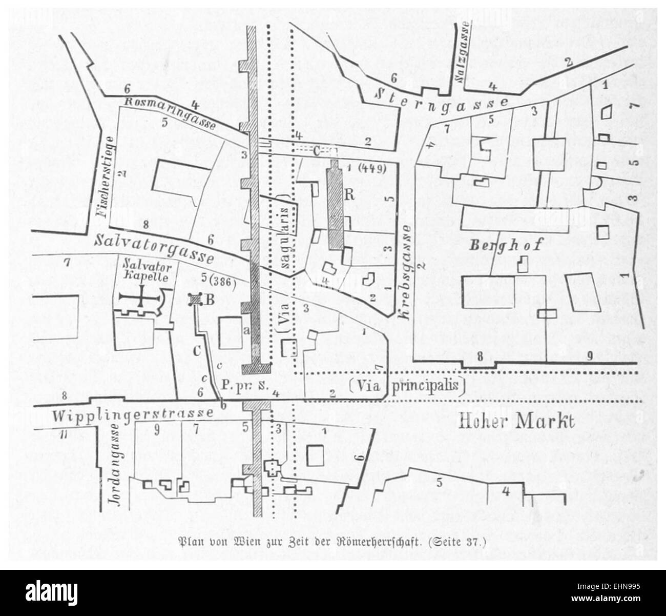 Cette illustration de BERMANN(1880) p0054 représente Vienne à l'époque romaine, mettant en valeur l'architecture et l'agencement de la ville antique tels qu'ils seraient apparus au premier siècle de notre ère. Banque D'Images