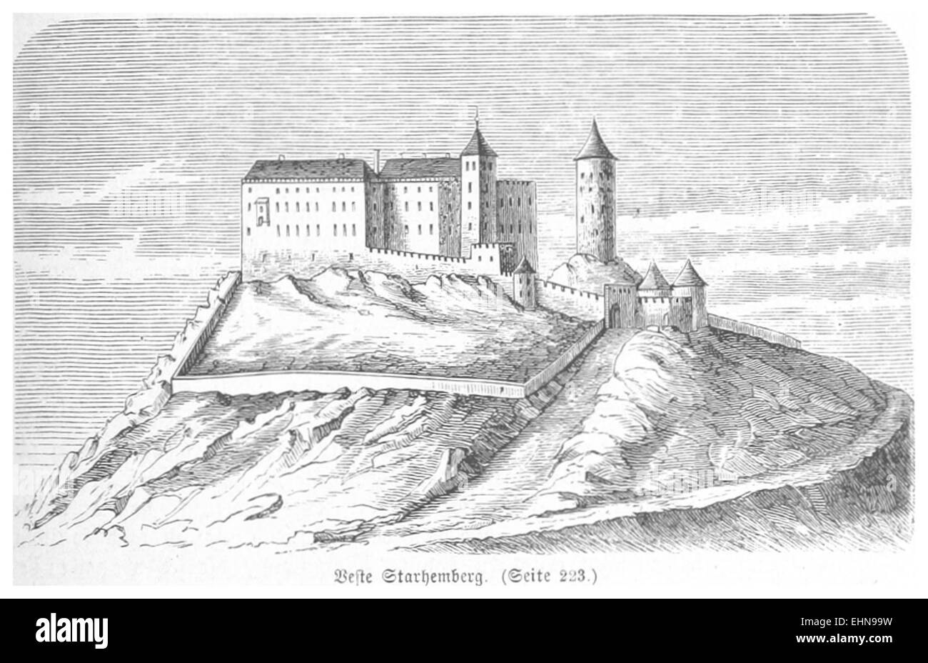 Une illustration de l’œuvre de Bermann de 1880 représentant la Veste Starhemberg, une fortification historique en Autriche. L'image met en évidence l'architecture et l'importance stratégique de cette structure militaire au XIXe siècle. Banque D'Images