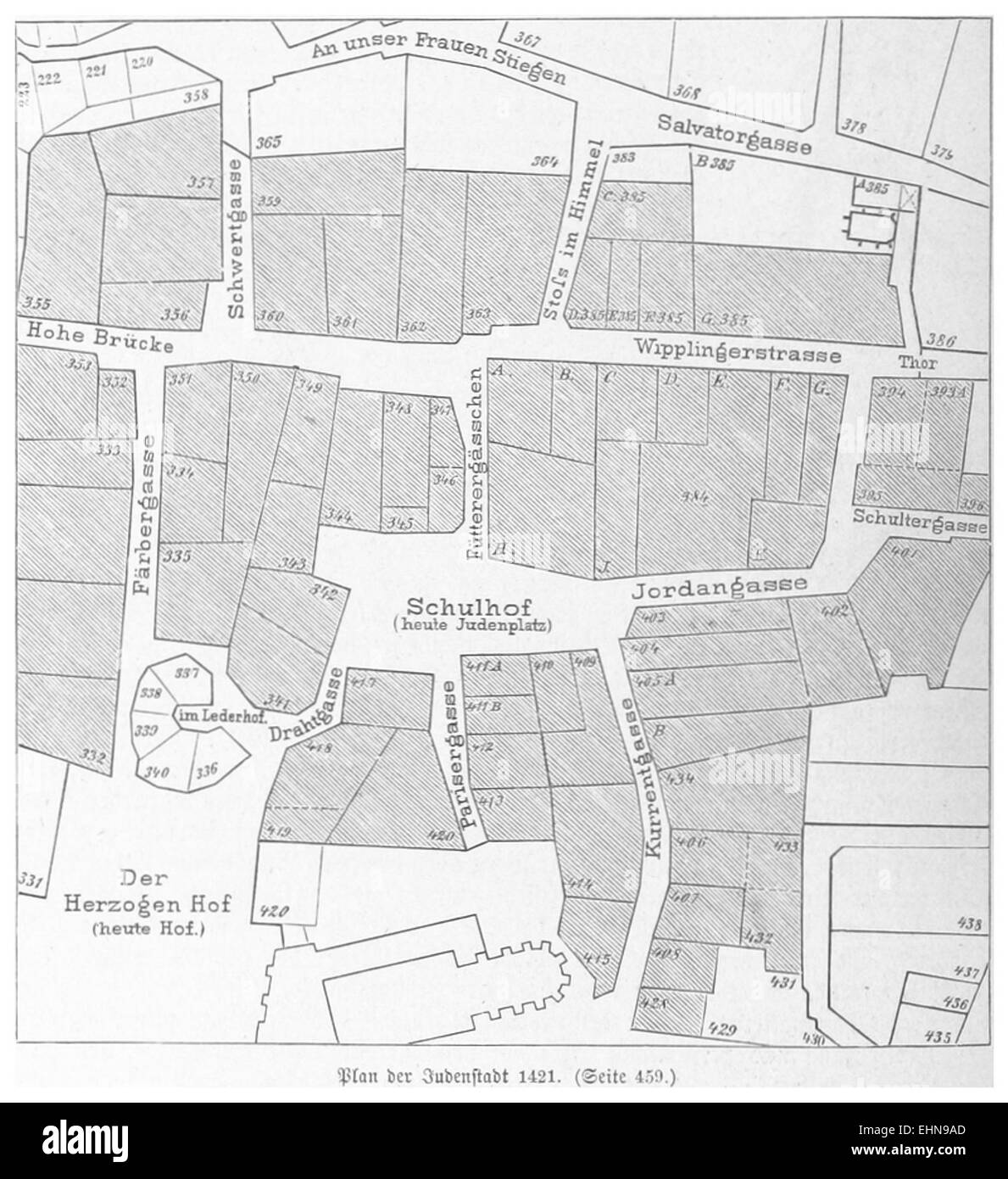 Une illustration de 1880 représentant le quartier juif de Vienne, mettant en valeur les caractéristiques architecturales et la vie quotidienne dans ce quartier culturel et historique de la ville. Banque D'Images