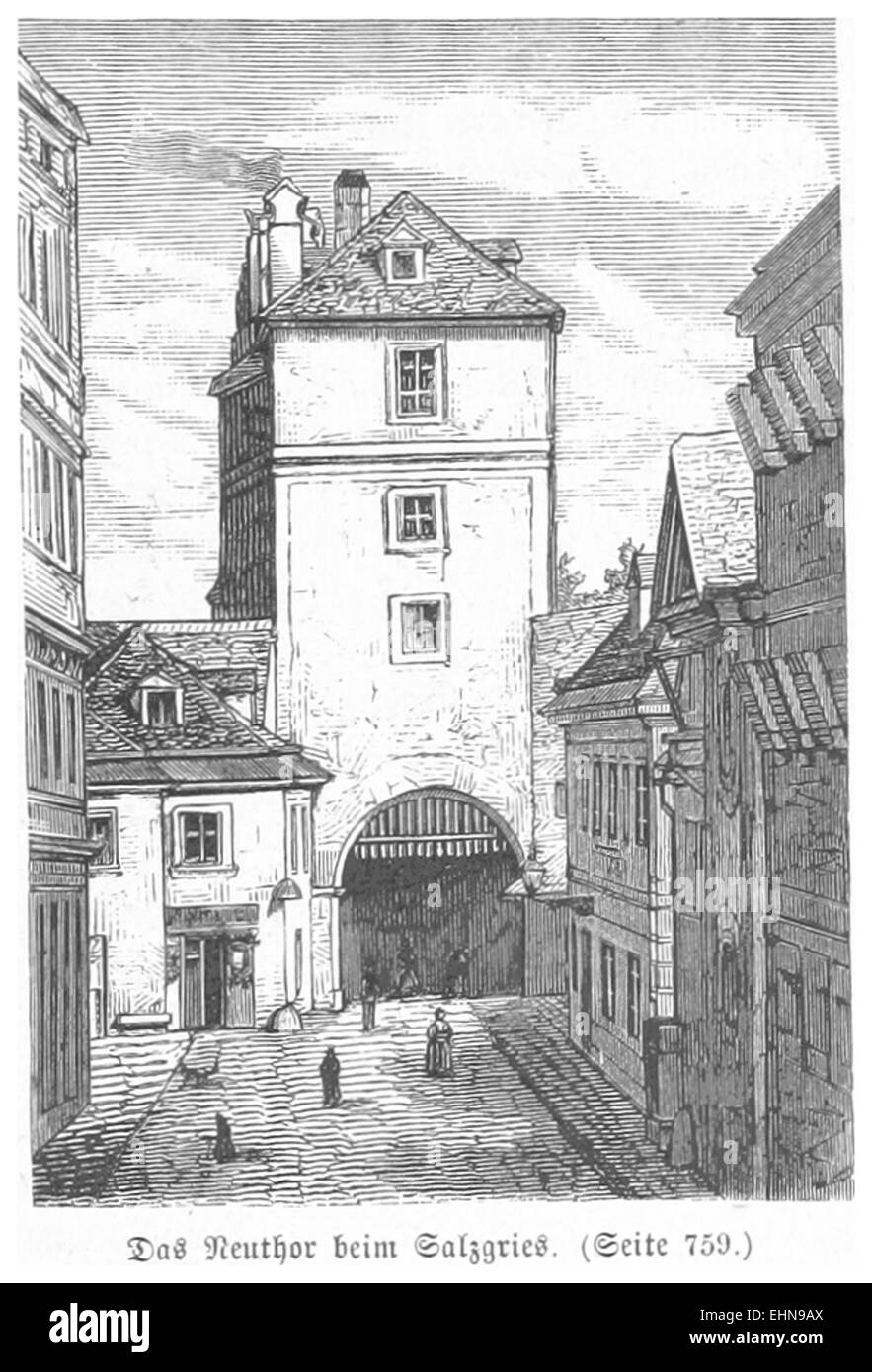 Une illustration de Bermann de 1880 montrant la porte Neuthor près de Salzgries à Vienne, en Autriche, représentant un important monument historique de la fin du XIXe siècle. Banque D'Images