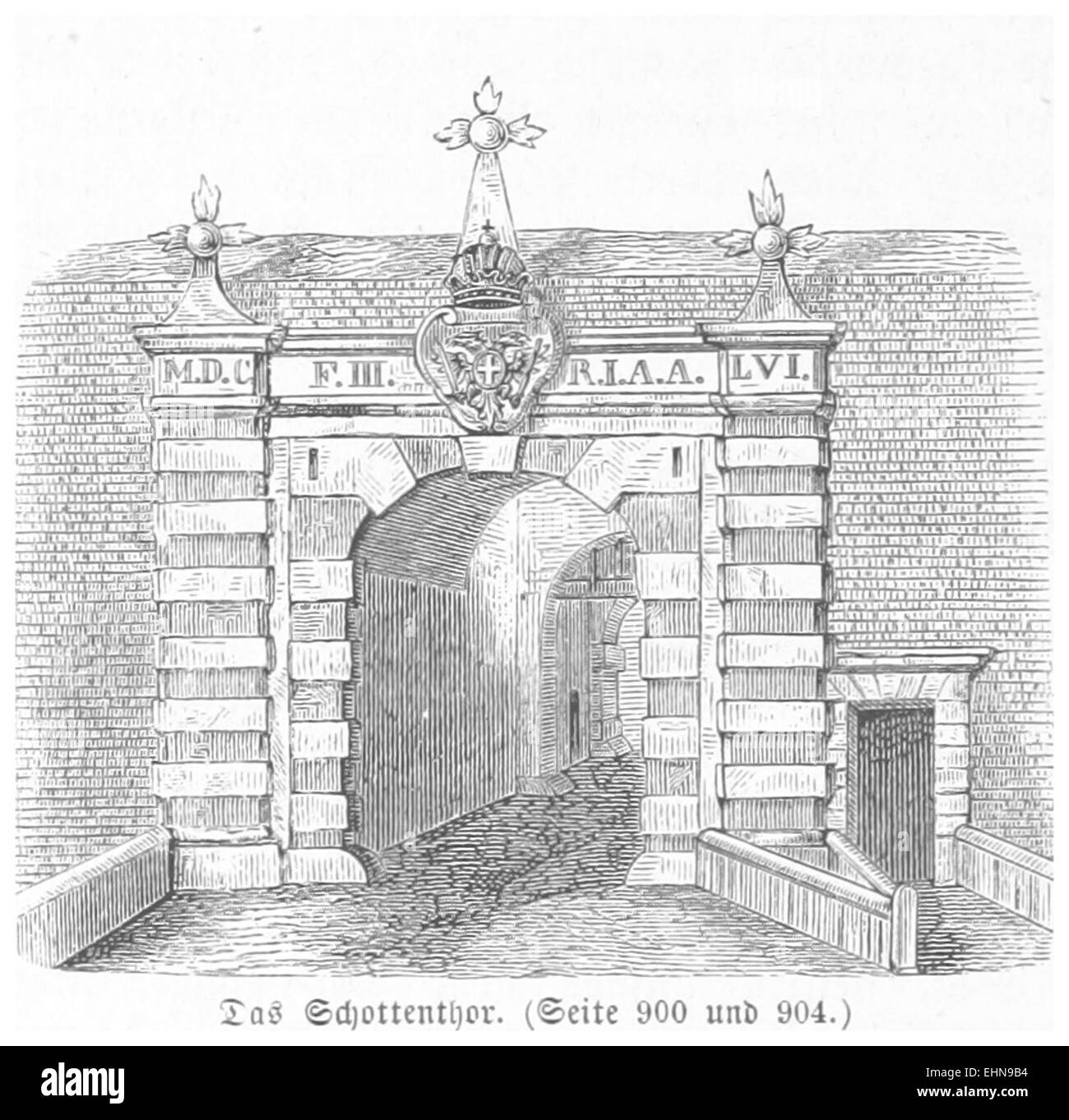 Cette illustration de Bermann de 1880 montre le Schottenthor, une porte historique de Vienne, qui a capturé son importance architecturale et culturelle à l'époque. Banque D'Images