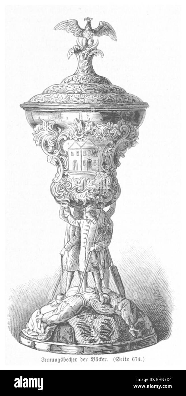 Cette illustration de 1880 par Bermann représente l'« Innungsbecher » de la Guilde des boulangers, mettant en vedette une coupe cérémonielle utilisée dans les traditions médiévales de guilde en Europe. Banque D'Images