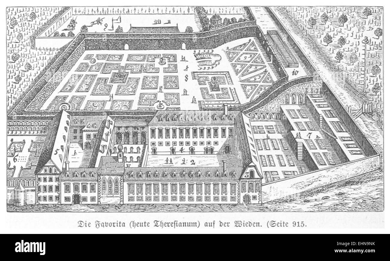 Illustration tirée de BERMANN(1880), page 958, représentant Theresianum, un établissement d'enseignement de premier plan à Vienne, en Autriche. L'image montre l'architecture du bâtiment et son rôle dans l'éducation à la fin du XIXe siècle. Banque D'Images