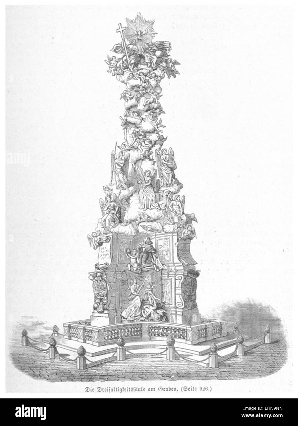Cette illustration de Bermann de 1880 montre le Dreifaltigkeitssäule, une célèbre colonne de la Trinité située à Vienne, en Autriche. La colonne est un monument baroque dédié à la Sainte Trinité, construit au XVIIIe siècle. Banque D'Images
