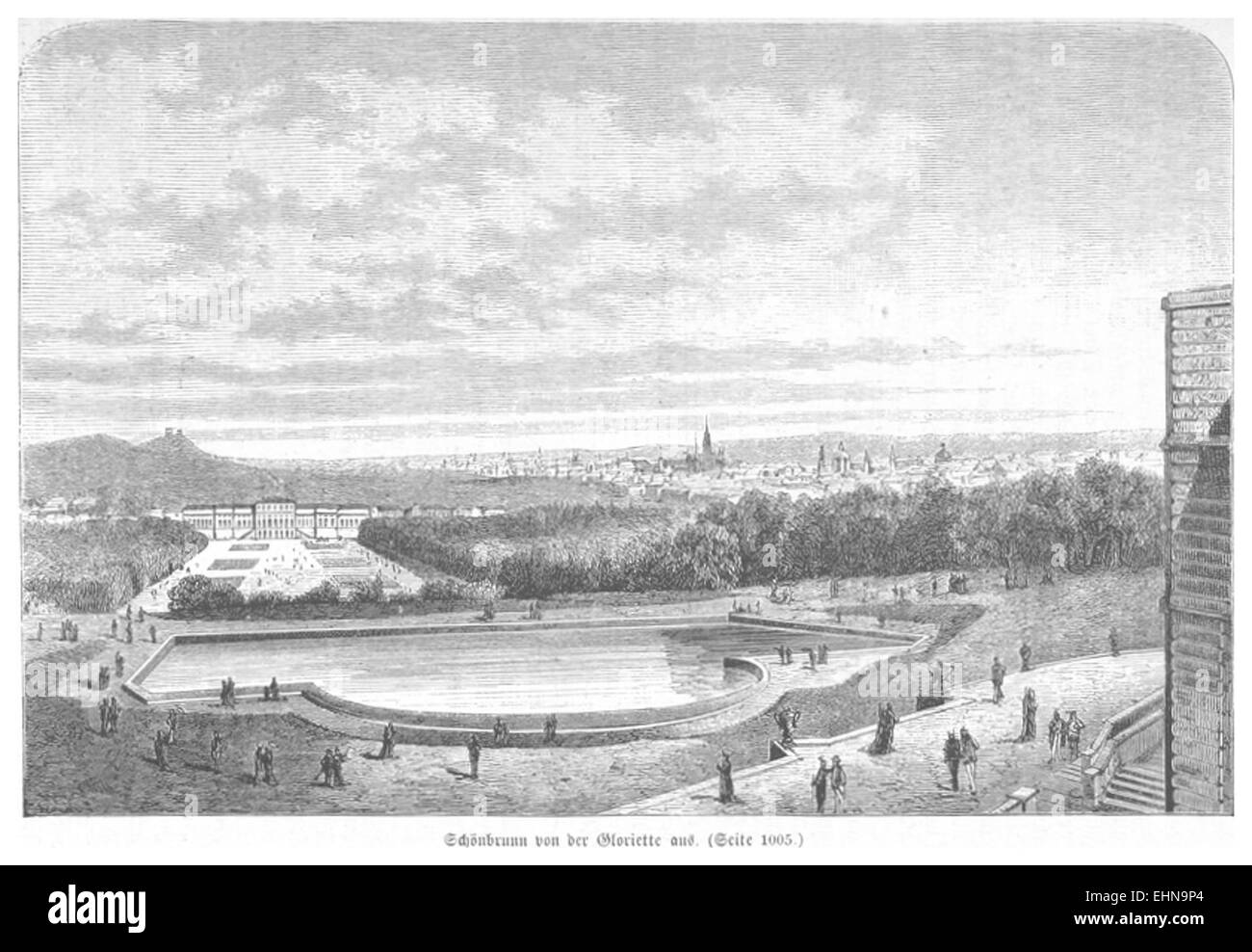 Une illustration de Bermann de 1880 représentant le palais de Schönbrunn, un monument architectural emblématique de Vienne, en Autriche. Le palais est connu pour son style baroque et son importance historique dans l'histoire autrichienne. Banque D'Images