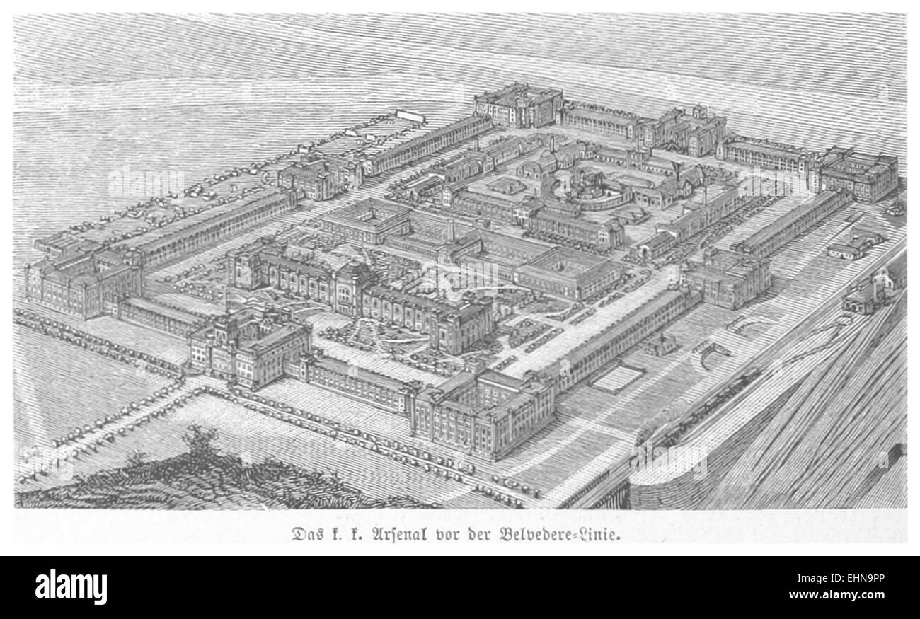 Une illustration de l'ouvrage de Bermann de 1880, page 1160, montrant 'Das Arsenal vor der Belvedere-Bahnlinie', une représentation historique d'un arsenal près de la ligne de chemin de fer du Belvédère, peut-être en Allemagne ou en Autriche. Banque D'Images