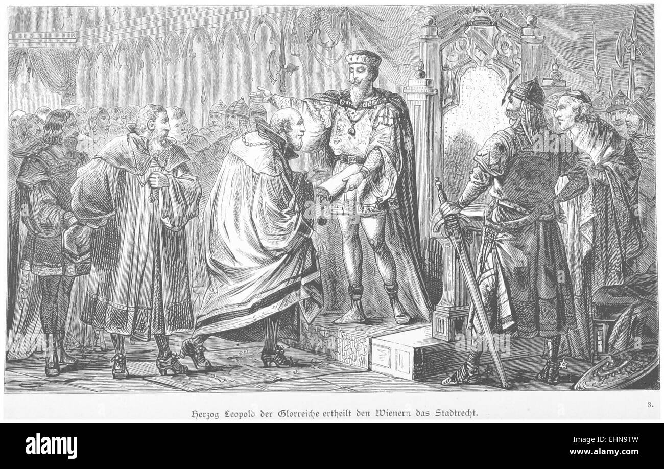 Cette illustration de Bermann de 1880 représente l'octroi de droits de ville à Vienne par le duc Léopold, marquant un événement important dans l'histoire et la gouvernance médiévales de la ville. Banque D'Images