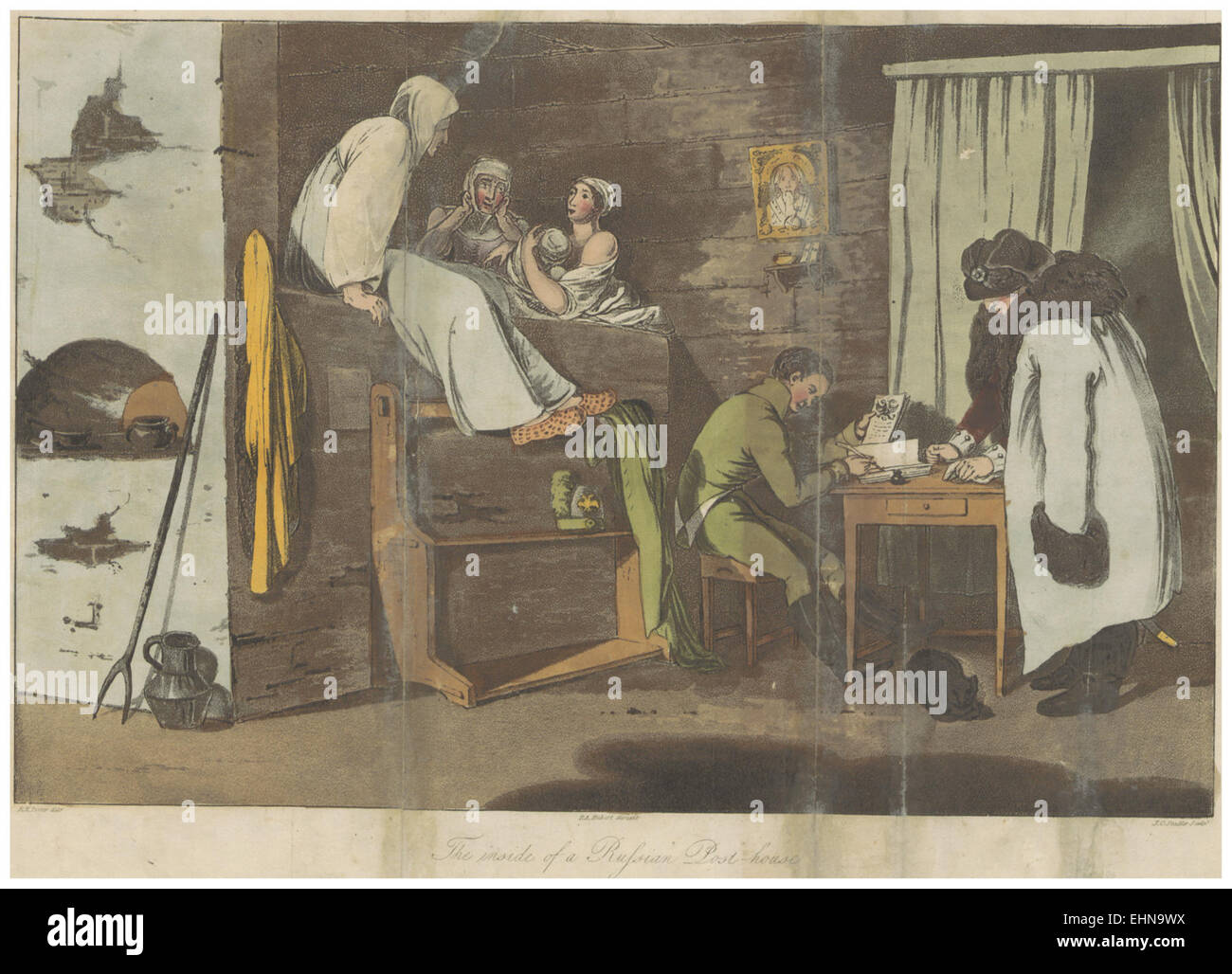 Cette illustration de porter de 1813 donne un aperçu de l'intérieur d'une post-maison russe, mettant en évidence ses caractéristiques fonctionnelles et architecturales. Banque D'Images