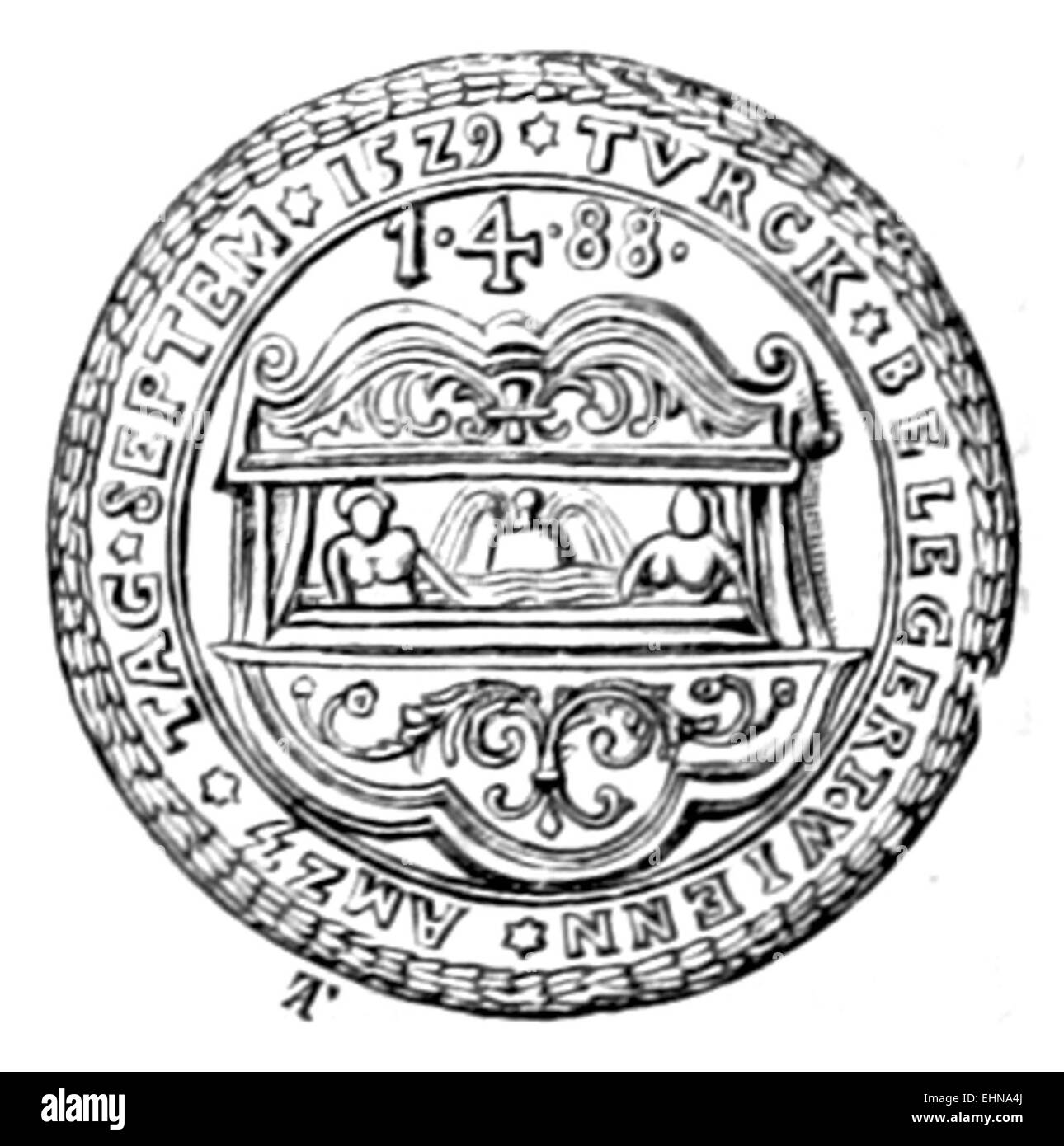 Cette illustration de 1880 de Rollett montre un sceau de ville avec une inscription marquant l'invasion turque du 23 septembre 1529, un événement important dans l'histoire militaire européenne. Banque D'Images