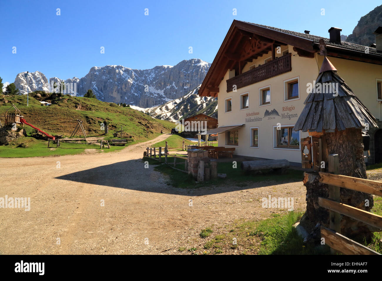 Mahlknechthütte Schutzhaus, Alpe di Siusi, le Tyrol du Sud, Italie / Refuge Molignon, Alpe di Siusi, Alto Adige, Italie Banque D'Images